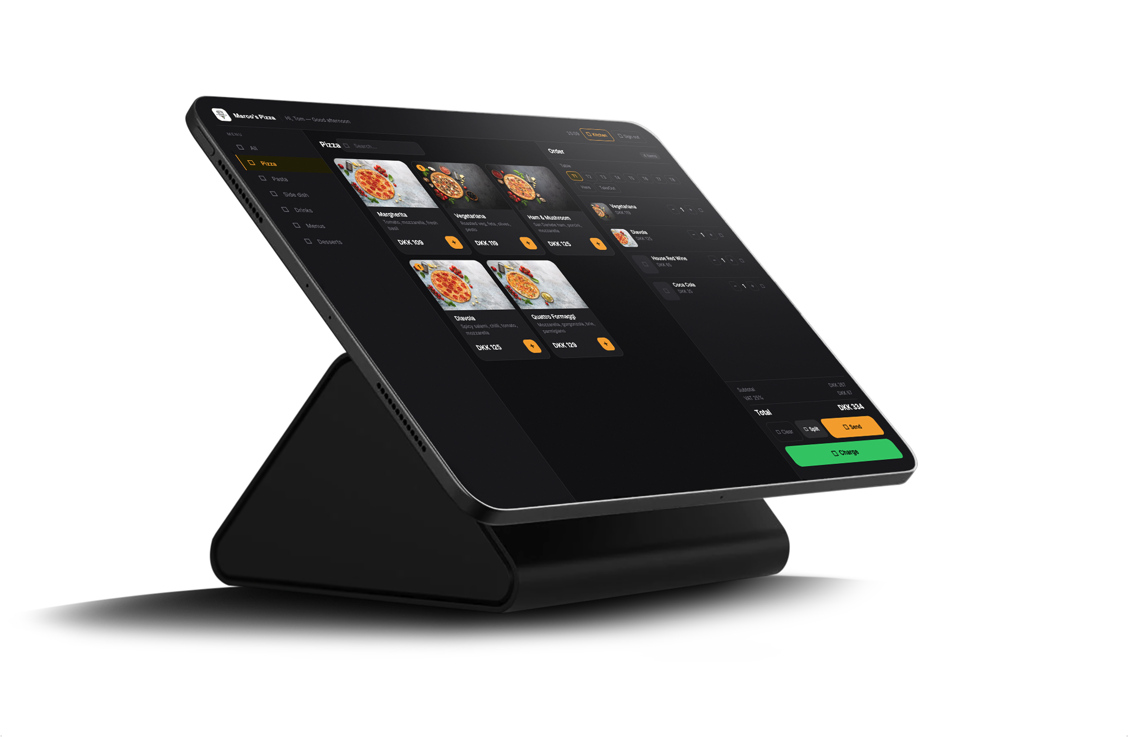 R-OS running on iPad — showing menu items, table selection, live order and payment